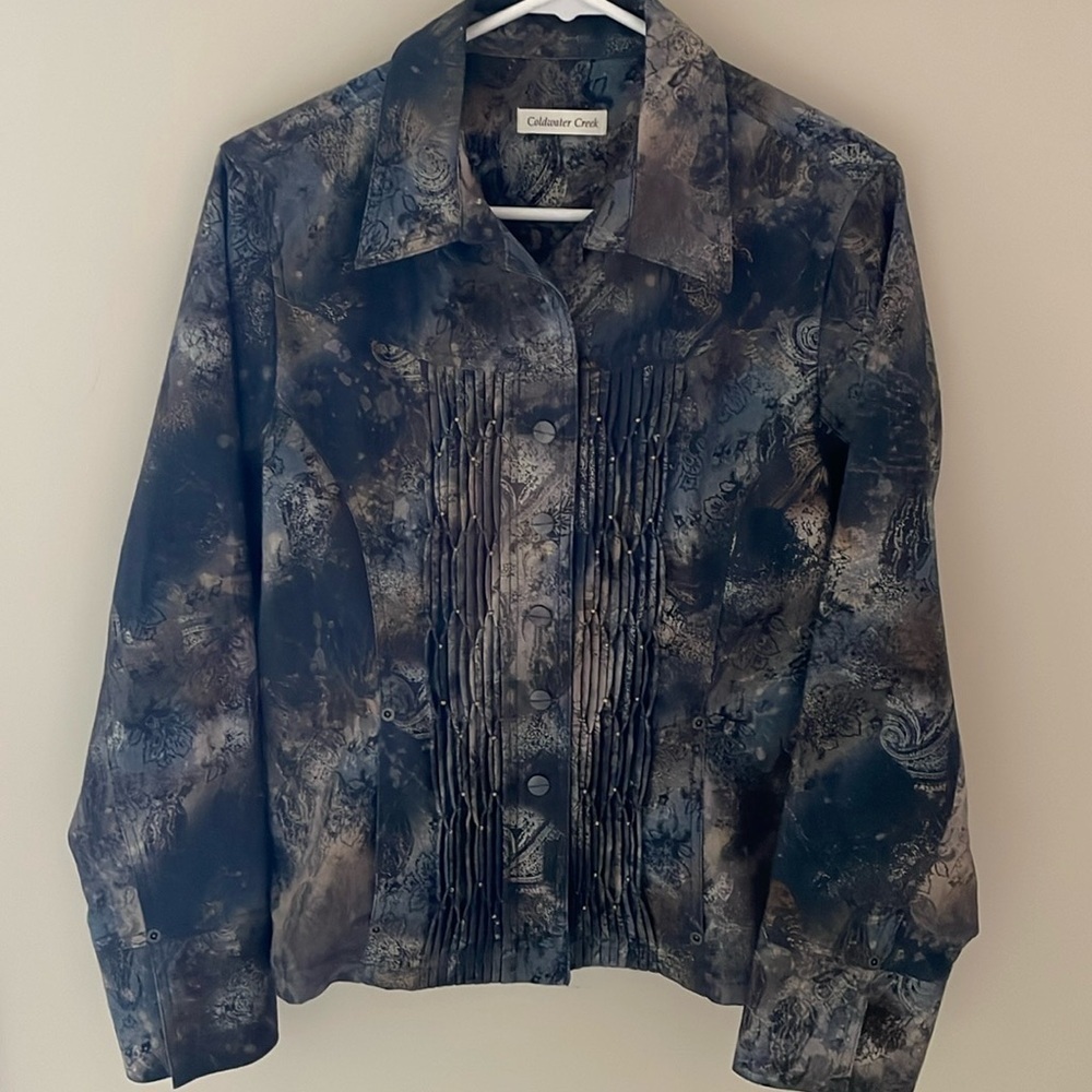 Coldwater Creek Women Collared Blazer Snap Front Abstract Blue Tan Gold Pleat 12